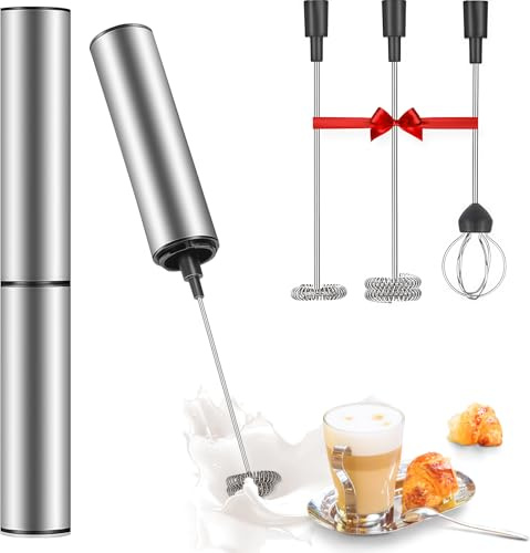 Milchaufschäumer Elektrisch Stab mit 3 Aufsätzen, USB-C Wiederaufladbar Milchschäumer mit 2 Geschwindigkeiten, Edelstahl Handheld Aufschäumer für Kaffee, Latte, Cappuccino und Eier