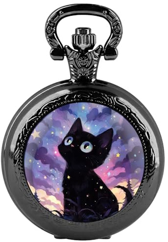 Tiong Orologio da tasca nero vintage steampunk quarzo orologio da tasca costume uomo donna collana gioielli regali, Blackcat