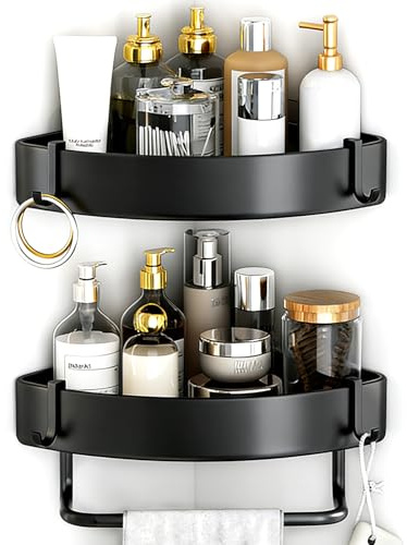Duschablage mit 2 Ebenen, Duschregal Ecke Ohne Bohren Edelstahl mit Handtuchhalter und 2 Haken, Wand Badregal Schwarz, Badezimmer Regal für Bad Küche Toilette