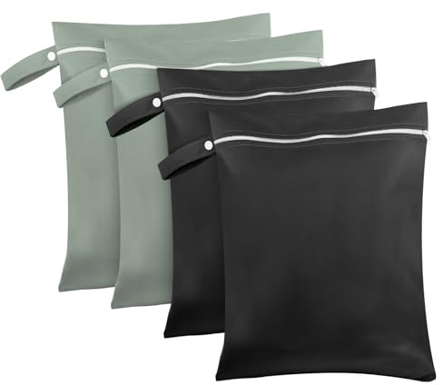 Wusboo Nassbeutel 40 x 30 cm, Wasserdichte Wetbags Wäschesack 2 Grau-Grün & 2 Schwarz, wiederverwendbarer Reise-Feuchtbeutel mit Reißverschluss, Kleine Nasstasche für Schwimmen, Schmutzwäsche