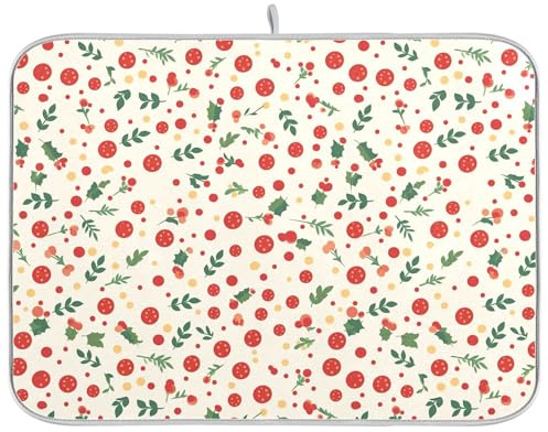 Tapetes de secado de platos de acebo y bayas para platos, 16 x 18 pulgadas, escurridor de cocina, resistente al calor