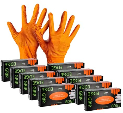 ARLI Edge Grip - Guanti usa e getta in nitrile, taglia XL, colore arancione, 8,5 g, con struttura diamantata, senza polvere, per officina, montaggio industriale, per automotive, 500 pezzi