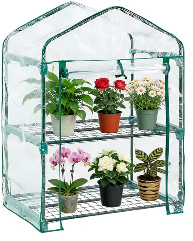 WDKXCN Mini Greenhouse without Iron Frame, 2 Tier Small Green House with Roll-Up Zipped Door, Plant Greenhouse Replacement Cover, PVC Growhouse for Small Garden, Patio and Balcony