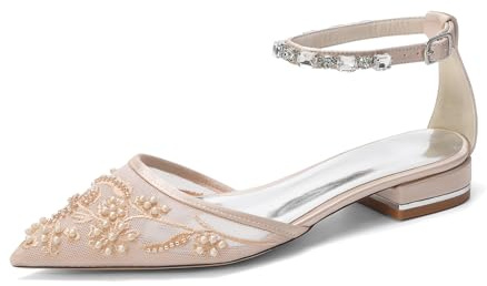 Mesh Satin Ballerinaskor Bröllop med Strass-Ankelrem, Flata Brudskor med Broderi och Pärlor, Eleganta Skor med Glittrande Rem, Spetsig Tå för Fest,Champagne,39 EU