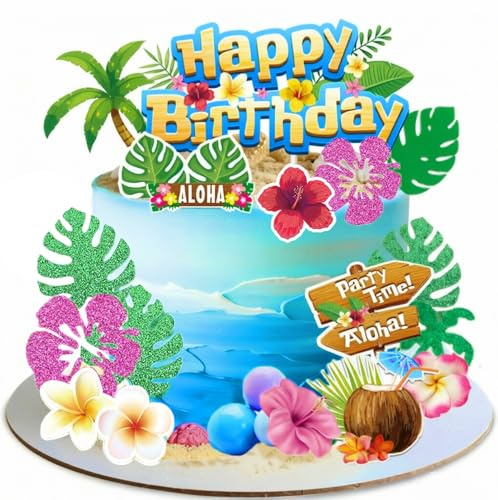 SunAurora Hawaii Tortendeko, Tropische Tortendekorationen, Sommer Cake Topper, Cartoon Geburtstagstorte Dekorationen, Aloha Kuchendekoration für Sommerliche Partydekorationen (Blau)