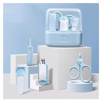 Manikyrkit Babynagelsats, 4-i-1 babynagelvårdsset med genomskinligt sött fodral, babynagelklippare, sax, nagelfil och pincett, for nyfödd, spädbarn, småbarn, barn Resa(Blue)