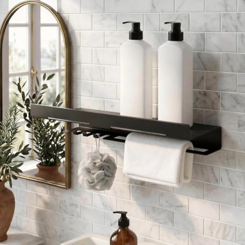 WJUAN Estanteria para Baño 40 cm, Negro Repisas para Baño - Estanteria Ducha con 4 Ganchos Pequeños y Toallero, Multifuncional Estantes de Pared, para Baños, Cocina, Salón
