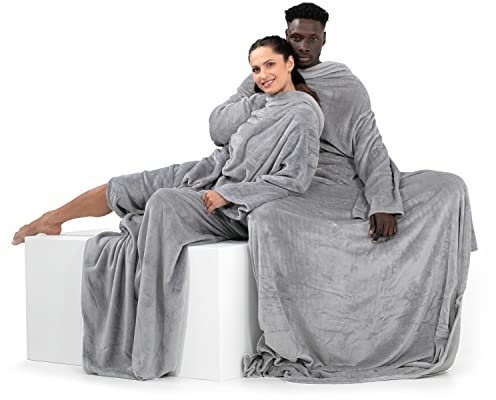 DecoKing Coperta con Maniche per TV in Microfibra e tasca Morbido Poliestere Argento 170 x 200 cm Lazy