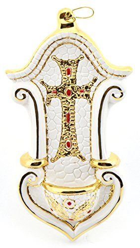 Art Escudellers ACQUASANTIERA Multicolore in Ceramica Dipinta a Mano con Oro 24K, Decorato in Stile BIZZANTINO Bianco. 9cm x 2,5cm x 16,5cm
