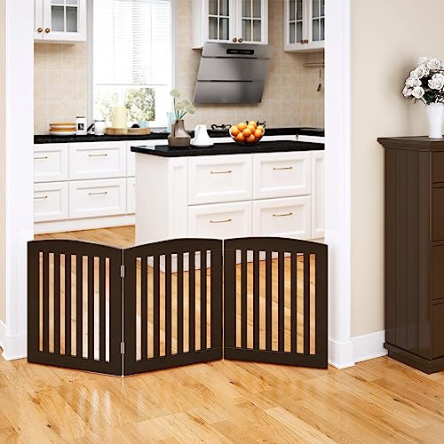 PAWLAND Wooden Freestanding Foldable Pet Gate for Dogs, 24 inch 3 Panels Step Over Fence, Dog Gate for The House, Doorway, Stairs, Extra Wide (Espresso, 24 Height-3 Panels)