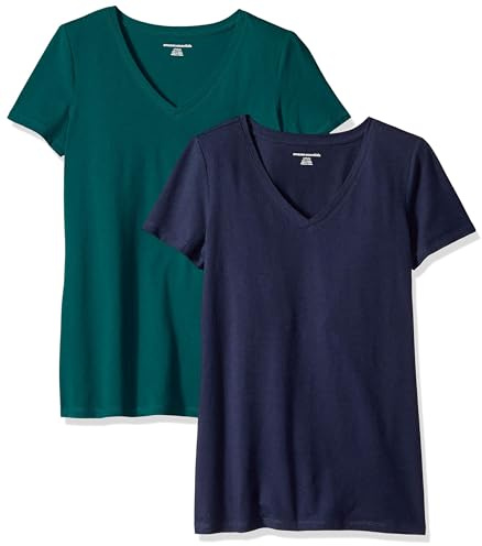 Amazon Essentials Women's Kortärmad V-ringad T-shirt klassisk passform, Pack of 2, Marinblå/Mörkgrön, XL
