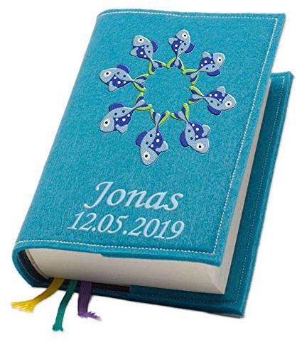 Evangelische Gesangbuchhülle Gesangbuch Fisch blau Filz mit Namen bestickt mittlere Ausgabe, Farbe:türkis