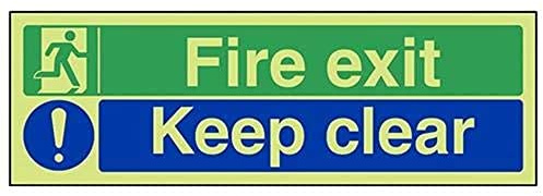 VSafety englisches Notausgangsschild „Fire Exit Keep Clear“, leuchtet im Dunklen, selbstklebendes Vinyl, 450 x 150 mm
