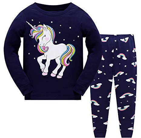 Tkiames Petit Filles Girafe Ensemble 2 Pièces Bien serré Coupe étroite Pyjama 100% Coton (Taille 1-10 Ans),Navy 1,7-8 ans
