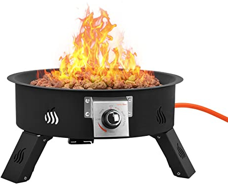 Onlyfire Tragbare Gas-Feuerstelle mit 4kg Lavastein, Ø 49 cm Outdoor Feuerstelle Gas mit höhenverstellbarem Fuß, Feuerschalen für Camping Lagerfeuer Picknick Hinterhof