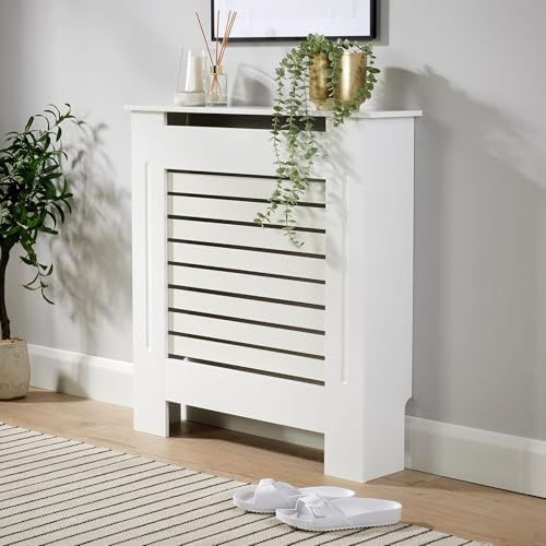 Home Source Radiator Cover Wooden Wall Cabinet Shelf Slatted Grill, White, Small 78cm