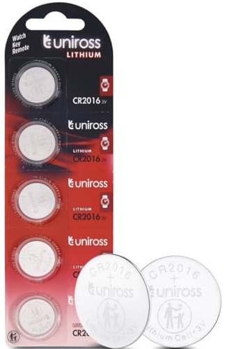 Uniross Pila de batería botón CR2016 Lithium de 3 V de litio de larga duración, mantenimiento de carga hasta 5 años sin mercurio y cadmio - Blíster de 5 pilas