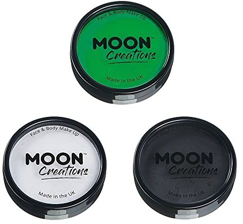 Moon Creations Pro Gesichts- und Körper-Make-up, professionelle Farbfarben-Kuchentöpfe für Gesichtsfarbe, Kostüme, Feste, Halloween für Kinder, Erwachsene (Hellgrün, Weiß, Schwarz)