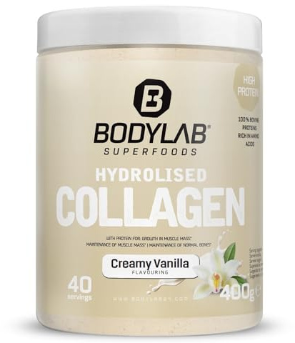 Bodylab24 Hydrolised Collagen Vanille 400g, 98% Kollagen-Hydrolysat, 9,2g Eiweiß je Tagesdosis, unter 1g Fett und Kohlenhydrate, ideal zum Einrühren in Kalt- und Heißgetränke