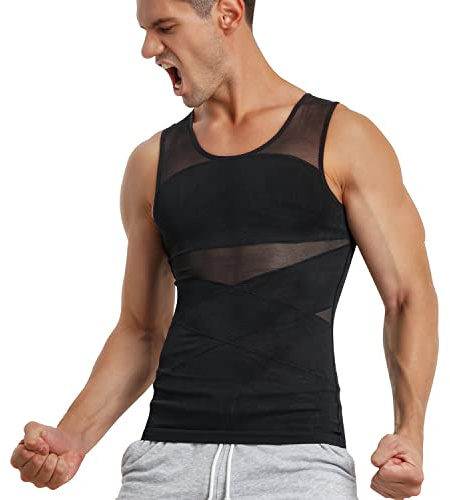 Junlan Compression Shirt for Men Slimming Body Shaper Tight Shapewear Waist Trainer Vest Workout Tank Tops (Black Vest, L)
