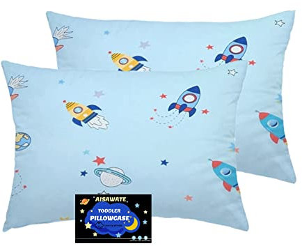 Baby Toddler Pillowcase 2 Pack, Cot Bed Pillow Pair Cases 40 x 60cm, 100% Cotton Soft Pillow Cover for Boys Girls Kids Bedding, Envelope Closure Machine Washable Travel Pillow Pillowcase(Space Rocket)