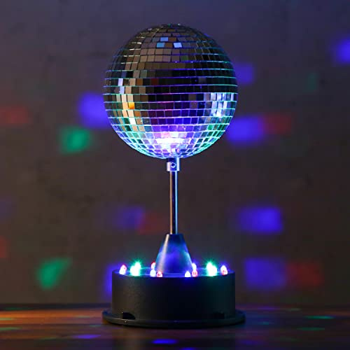 Boule à facettes LED de 13 cm avec pied - 18 LED colorées - Fonctionne avec piles et USB - Argenté