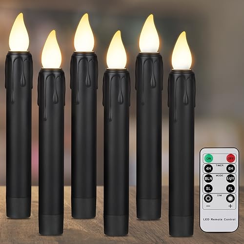 ZIYOUDOLI 6er Schwarz Led Stabkerzen mit Fernbedienung Timer Batteriebetriebene Led Stabkerzen Fensterkerzen Tropfendem Wachs Kerzen Halloween Heimdekoration