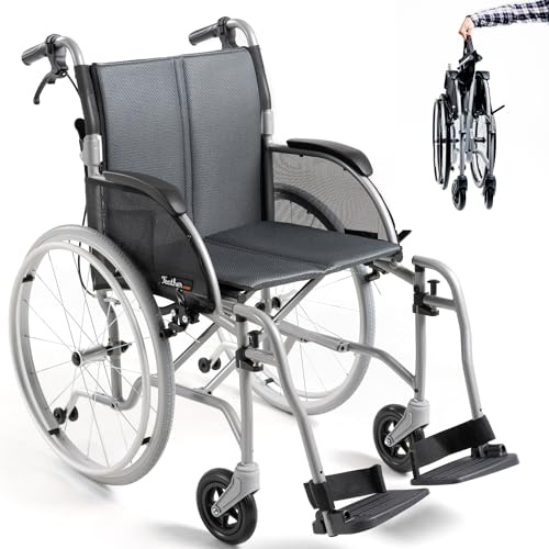 FeatherMobility - Gray Lightweight Folding Wheelchair - 13.5 lbs, 18 Seat Width - with Swingaway Legrests, Anti-tippers, and Quick Release Wheels - 300 lbs Capacity