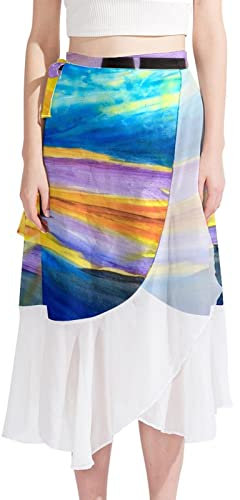 Women Swimsuit Cover Up Short Chiffon Art Sailboat Painting Summer Beach Sarong Bikini Wrap Skirt Bathing Suit Multicoloured