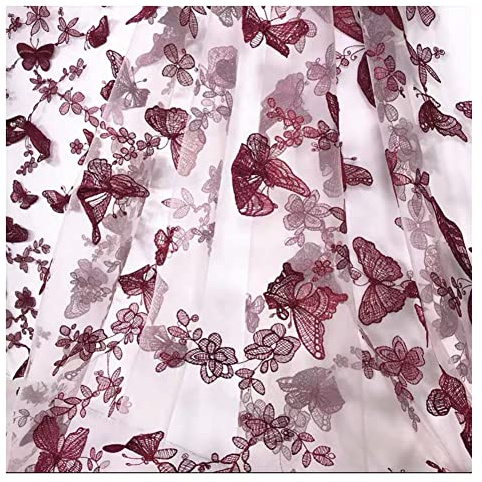 SHTGOI 3D Schmetterling Blumen Bestickte Tüll Spitze Stoff 130 cm Breit Stickerei Mesh Netzstoff Spitzenstoff für DIY Kleidung Hochzeit Schleier Vorhang 3 Yard Apricot + Rot Schmetterlinge