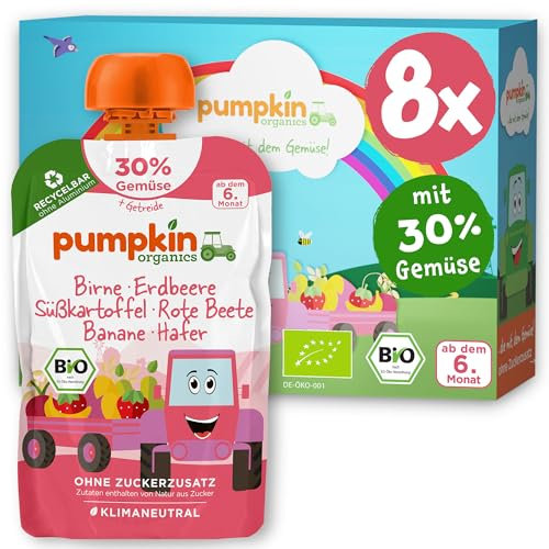 Pumpkin Organics Bio Gemüse-Getreide-Quetschies Birne, Erdbeere, Süßkartoffel, Rote Beete, Banane, Hafer ohne Zuckerzusatz - Babynahrung für Babys ab dem 6. Monat - vegetarisch (8x100g)