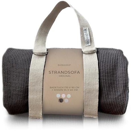 BADESOFA STRANDSOFA Set, Strandbadetuch groß mit Kissen in Anthrazit | Strandhandtuch aus 100% Bio-Baumwolle mit Kissen und Tragegurt, Waschbar & handgefertigt in Europa, Strand-Zubehör
