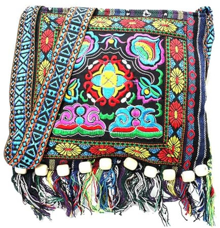 Yurosaiy Bestickte Schultertasche Vintage Ethno Umhängetasche Mit Quasten und Holzperle Bunt Blumen Stickerei Handtasche Klassisch Boho Stoff Crossbody Tasche Bestickte Tasche 29×25cm Blau