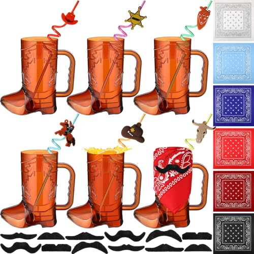 Sliner 30 Pcs Cowboy Party Favors Include 6 20 oz Cowboy Boot Mug Cup 6 Cowgirl Plastic Straws 6 Paisley Bandanas 12 Fake Mustaches for Western Theme Birthday Party Decorations Supplies(Fresh Color)