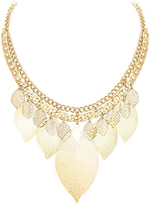 Ever Faith Boho Leaf Chunky Collar Necklace for Women, Vintage Art Deco Bohemian Bib Necklace Costume Jewellery Gold-Tone