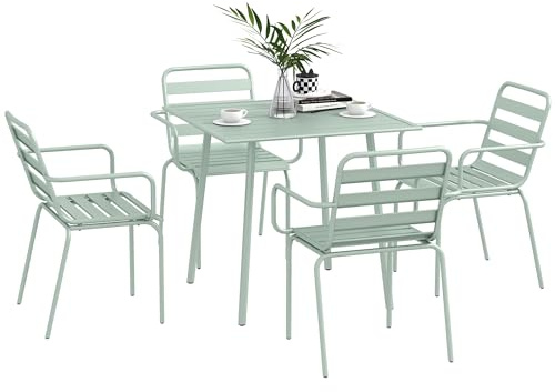 Outsunny 5 TLG. Sitzgruppe, Gartenmöbel-Set mit 1 Esstisch, 4 Stapelstühlen, Sitzgarnitur Gartengarnitur, für Balkon, Terrasse, Stahl, Grün