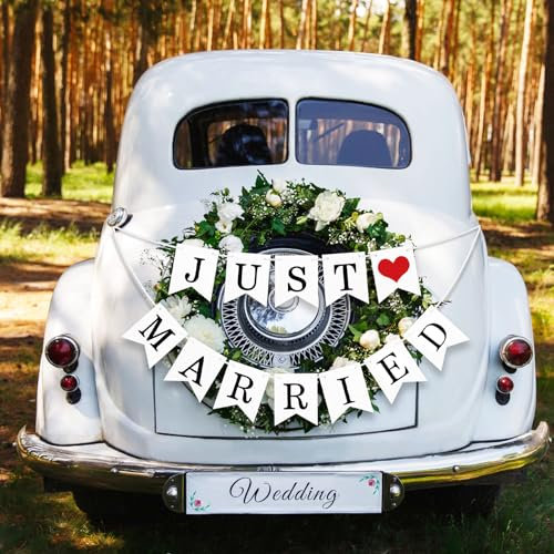 Just Married Girlande Hochzeit Deko Banner Hängende Hochzeitsgirlande Dekoration Party Geschenkidee zur Brautdusche Junggesellinnenabschied Foto Hintergrund Hängedeko Zeremonie (Just Married)