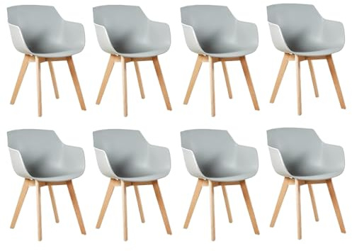 EGGREE Esszimmerstühle 8er-Set mit Beinen aus massivem Buchenholz, Retro-Design, Küchenstühle aus Holz, Wohnzimmerstuhl mit Armlehnen - Grau