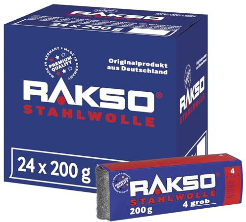 RAKSO Stahlwolle grob 4-4,8 kg, 24 Banderolen à 200g, entfernt Öl, Fett auf Metall, reinigt Natur, Kunststein, anschleifen von altem Holz