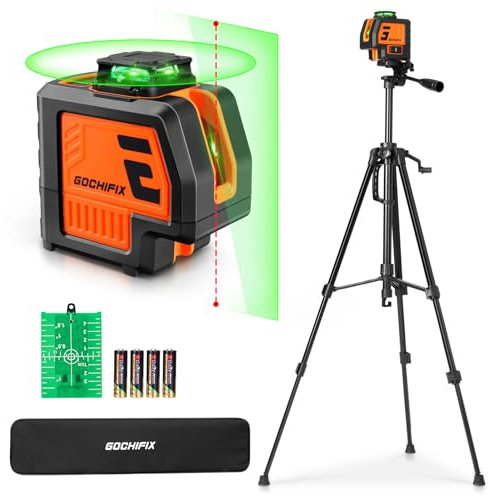 GOCHIFIX Niveau à bulle laser vert à 5 lignes avec 2 points de plomb auto-nivelant avec trépied Niveau laser avec lignes horizontales et verticales pour l'intérieur et les chantiers de construction