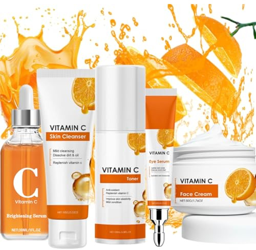 Vitamin C Facial Serum Set – Orange Essence Anti-Aging, Hydrating & Brightening Skin Care Cream for All Skin Types, Multi-Bottle Skincare Kit for Face, Daily Moisturizing & Radiance Boost
