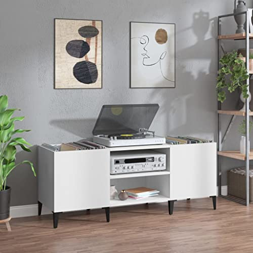 IKAYAA Mueble de Discos de Madera con Patas Metálicas 121 x 38 x 48 cm, Tocadiscos de Vinilo Stand, Estanteria CD, Mueble Tocadiscos, Mueble para Discos, Mueble para Vinilos, Blanco