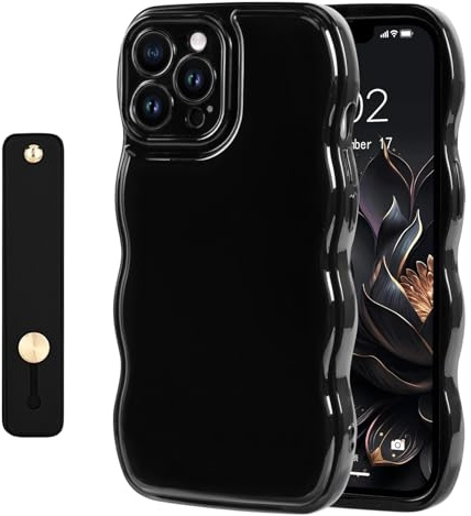NITITOP Compatible with iPhone 15 Pro Max Case Cute Wave Frame-Black | for Women Girls, Kickstand Wavy Curly Design, with Wrist Adjustable Hand Strap，Soft Protective Cover, Full Camera Protection