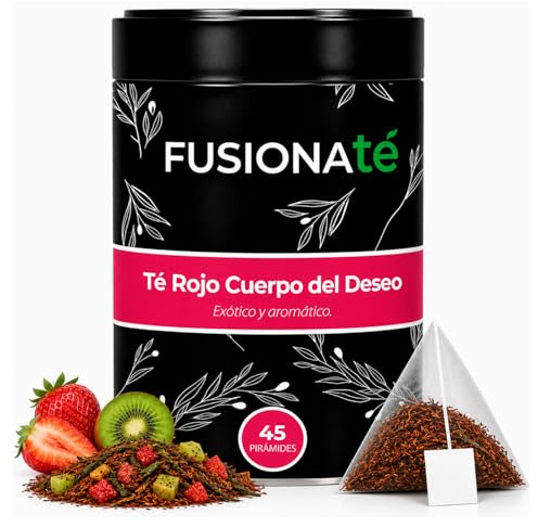 FUSIONATE, Té Rojo Cuerpo del Deseo, Delicioso Té Rojo con Fresa, Kiwi y Flor de Jamaica, Lata de 45 pirámides Bolsitas de Té, Infusión 100% Natural y Revitalizante