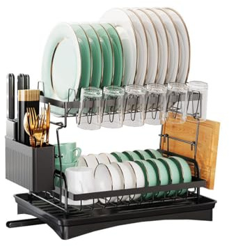 SKYSMART ALWAYS SMART Dish Drainer Rack, 2 Tier Dish Drying Rack and Draining Board Set, Kitchen Dish Rack with Swivel Drainage Spout/Utensil Holder/Cup Holder for Kitchen Counter, Black