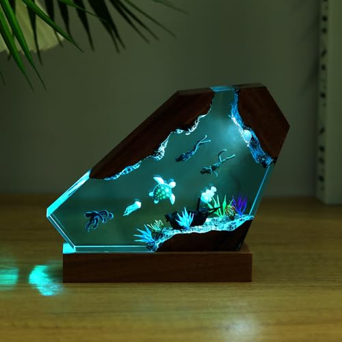 Large Ocean Creative Epoxy Resin Wood Light Lamp, Deep Sea Cave Diving Enthusiasts LED Night Light Handmade Multicolor Aquatic Ocean Lamp Decor Birthday Gift for Men (Octopus Diver, L)