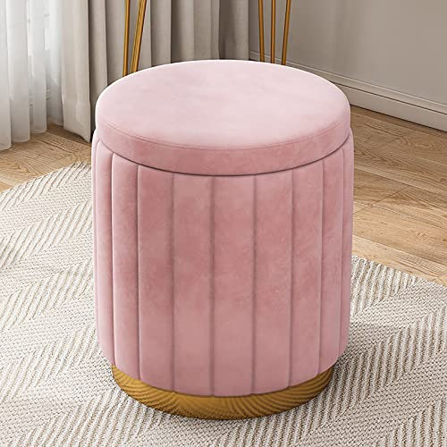 Samt-Hocker mit Stauraum, runder Ottomane mit Komfortpolsterung für Schlafzimmer, Make-up, Mädchenzimmer, Damengeschenk, Rosa, 34 x 34 x 44 cm