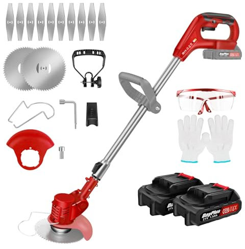 Cordless Grass Trimmer/Edger 2-in-1, Extendable Lawn Cutter with 2 x1500mAh Batteriesand Charger, Electric Garden Strimmer, included 10pcs Metal Blades
