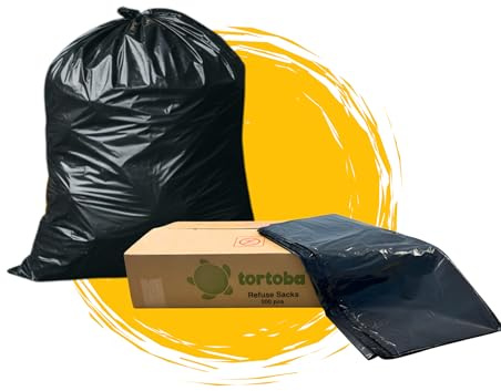 Tortoba 200 pcs Heavy Duty 80L Black Black Bin Bags, Garbage Bags – Large Refuse Sacks for Kitchen, Household, Office, or Restaurant Waste, Rubbish Bin Liners