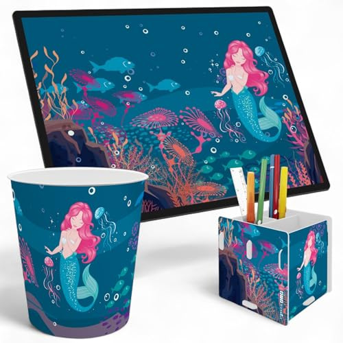 itenga SET Papierkorb Schreibunterlage und Stifteköcher mit Motiv - Papierkorb für Kinder mit Motiv - rund ca. 11 Liter passende Schreibtischunterlage und Schreibtisch Organizer (Motiv Meerjungfrau)